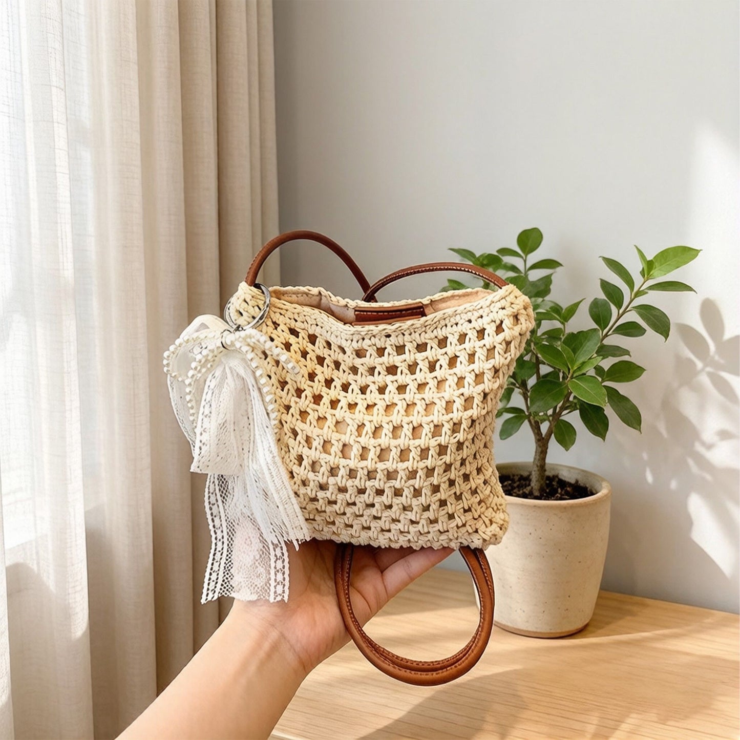 Crochet Crossbody Bag with Lace Bow Detail Lightweight Knit Shoulder Bag Small Casual Handbag