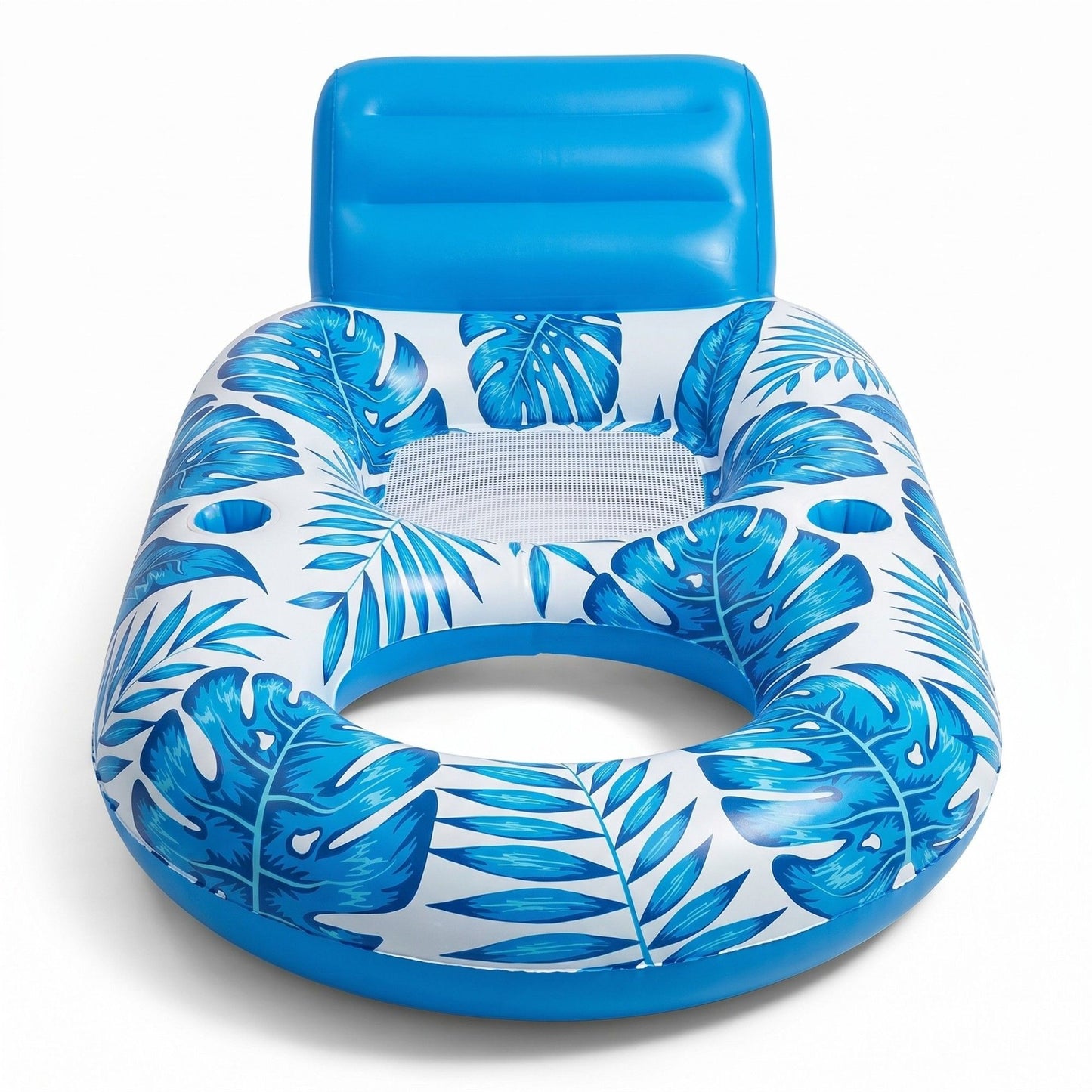 Tropical Leaf Inflatable Pool Lounge Float with Backrest Mesh Seat Cup Holder Durable PVC Float for Pool Beach Lake 63x47x27.5in