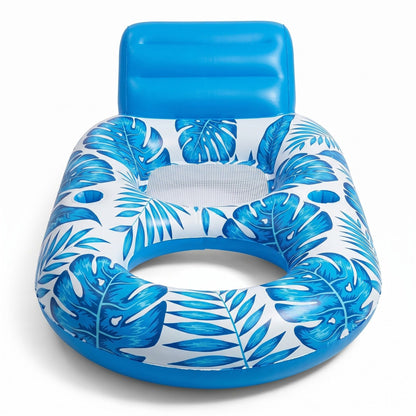 Tropical Leaf Inflatable Pool Lounge Float with Backrest Mesh Seat Cup Holder Durable PVC Float for Pool Beach Lake 63x47x27.5in