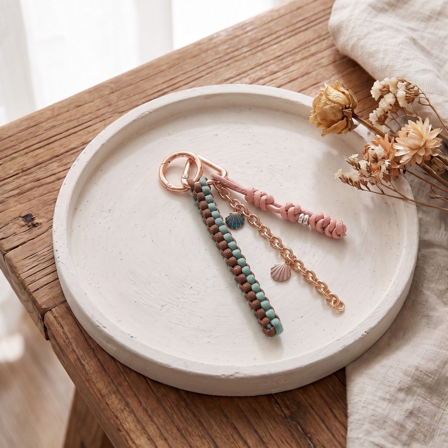 Multi-Strand Braided Cord and Shell Bag Charm Keychain