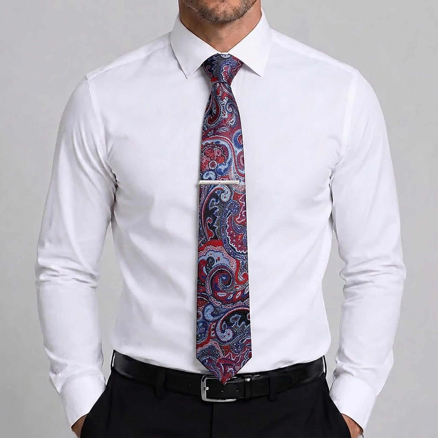 Men's Paisley Tie Gift Set with Matching Pocket Square Cufflinks and Silver Tie Clip