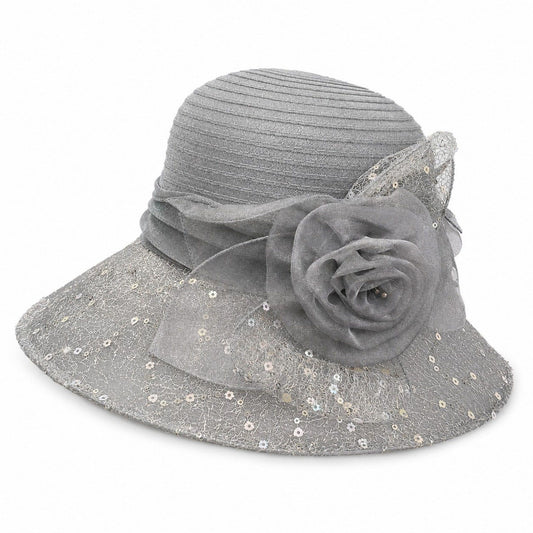 Wide Brim Floral Sun Hat with Sequin Mesh and Rose Accent