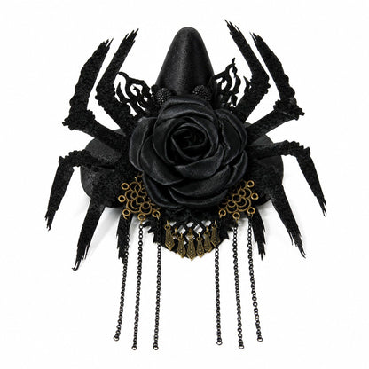 Halloween Mini Witch Hat Hair Clip with Spider Rose and Chains