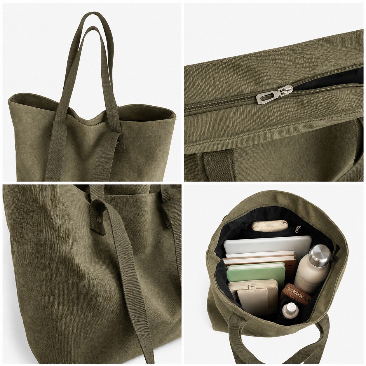 Large Canvas Tote Bag with Zip Closure Shoulder Straps for Work and Travel