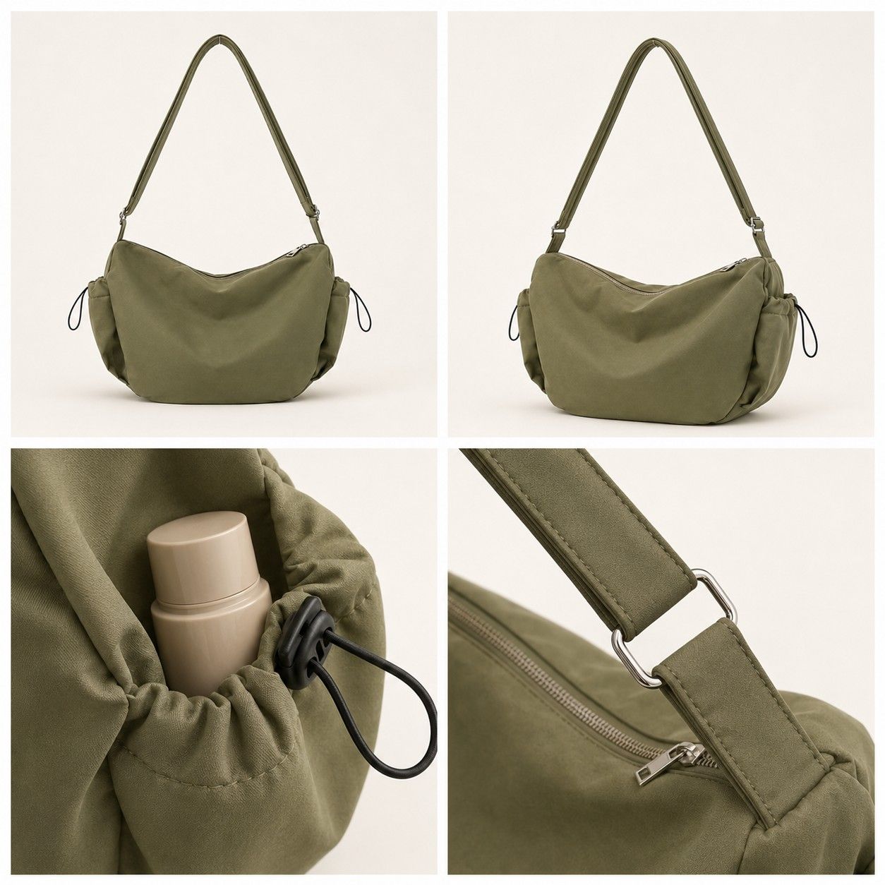 Crescent Crossbody Shoulder Bag with Side Pockets and Adjustable Strap