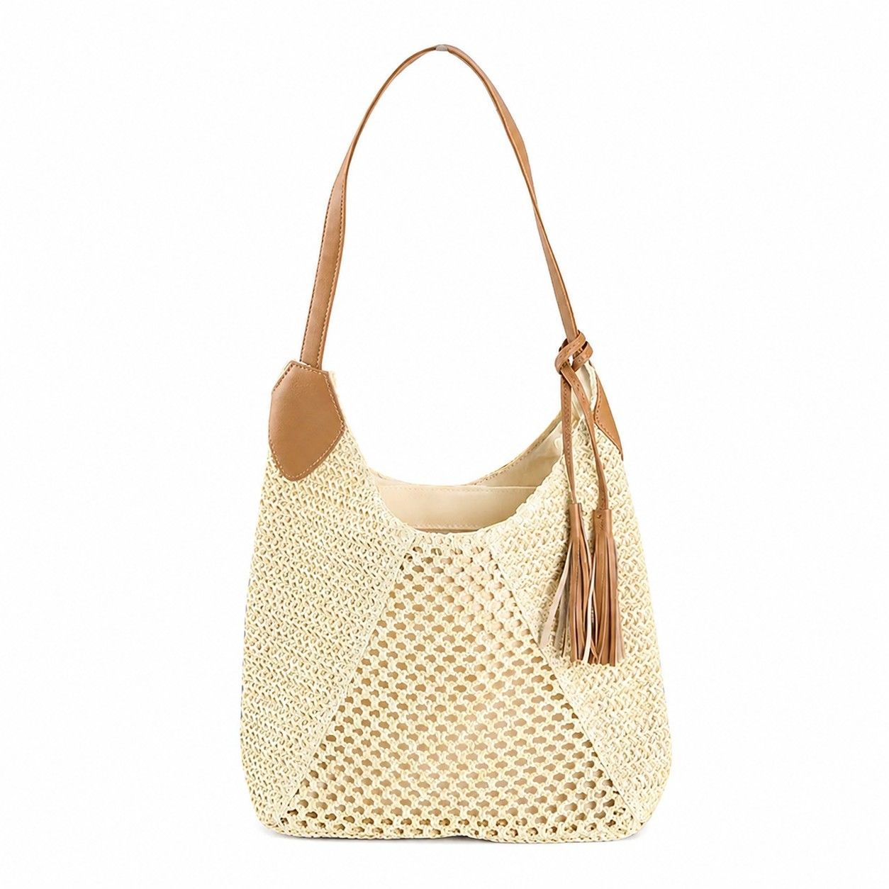 Woven Paper Fiber Shoulder Tote Bag Large Capacity Crochet Handbag with Tassel Accent