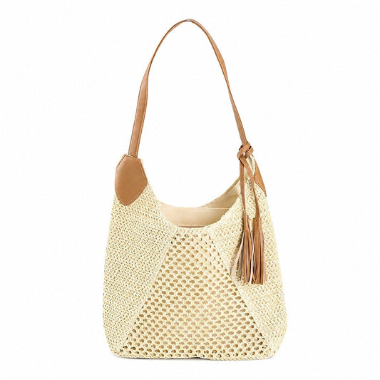 Woven Paper Fiber Shoulder Tote Bag Large Capacity Crochet Handbag with Tassel Accent