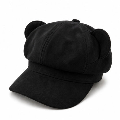 Faux Suede Bear Ear Newsboy Cap Cute Short Brim Baker Boy Hat