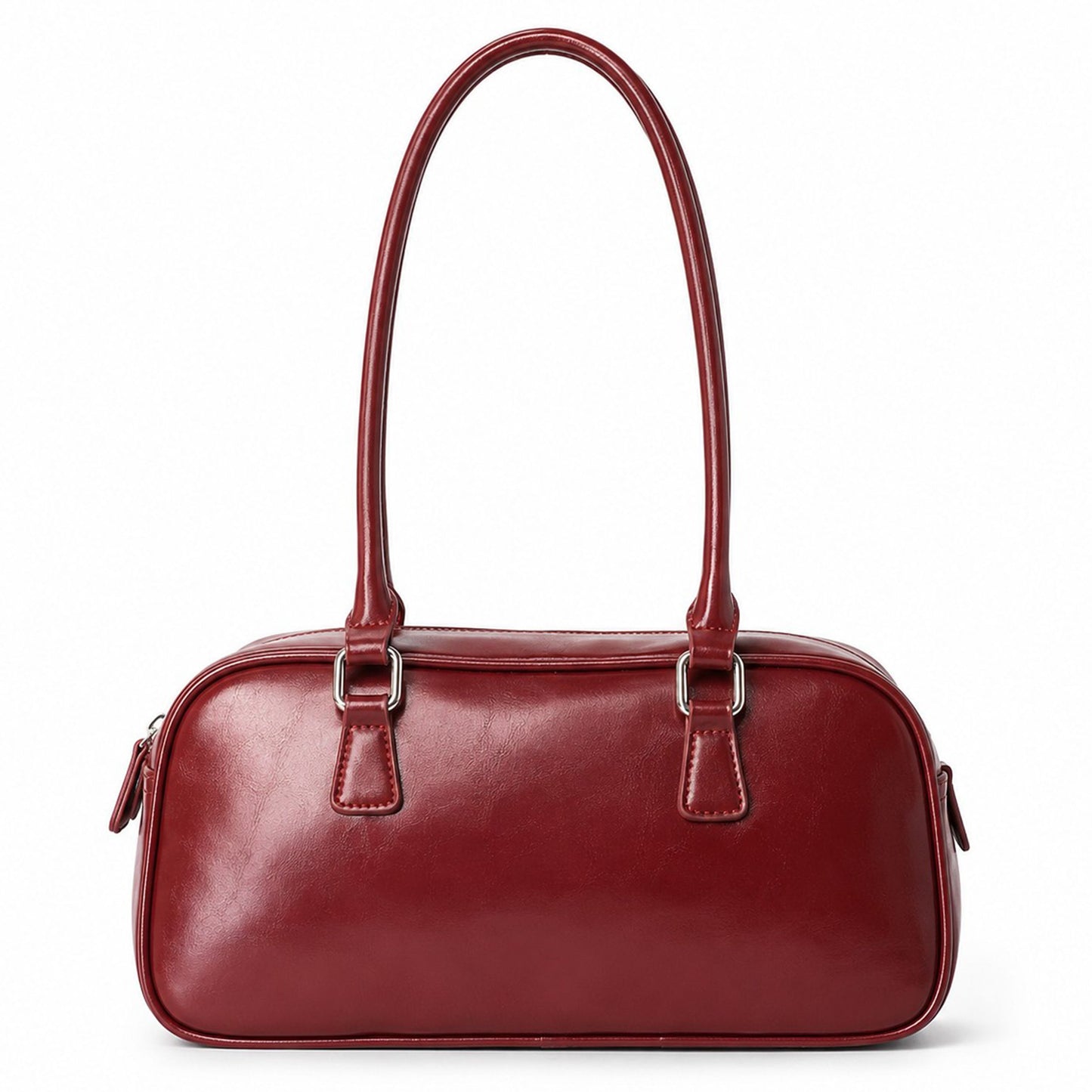 East West Faux Leather Bowler Shoulder Bag with Double Handles and Zip Closure