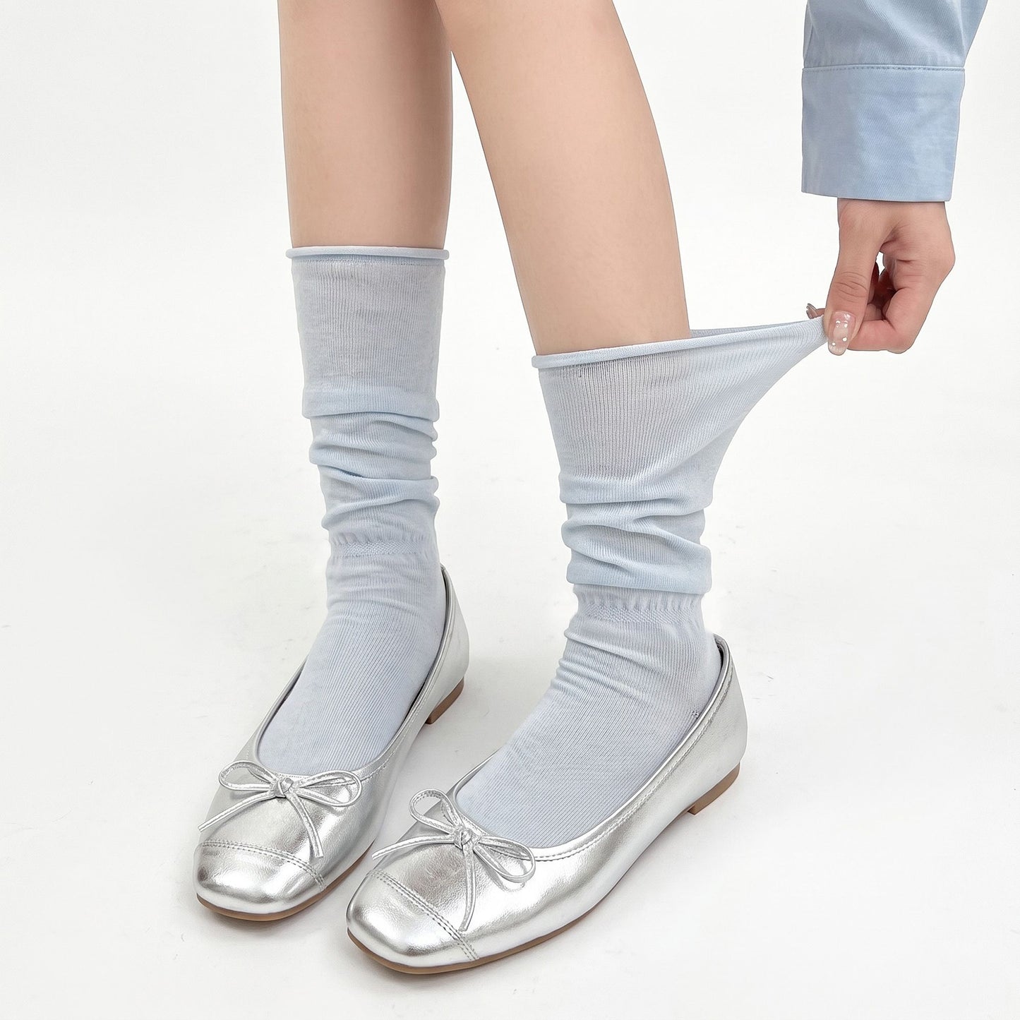 4-Pair Ruffled Lettuce Cuff Knee High Socks Set, Ribbed Knit Long Hosiery