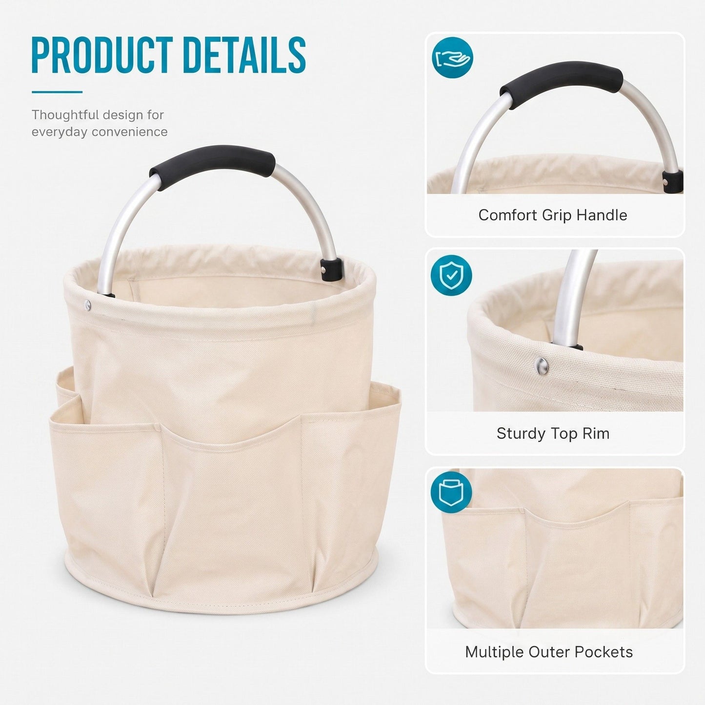 Collapsible Utility Basket with Aluminum Handle and Exterior Pockets
