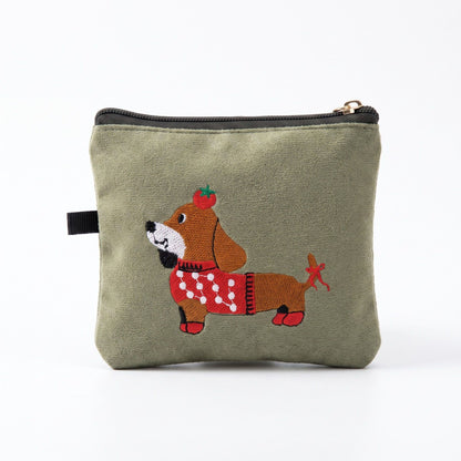 Embroidered Dachshund Zipper Pouch Small Cosmetic Bag Coin Purse Organizer