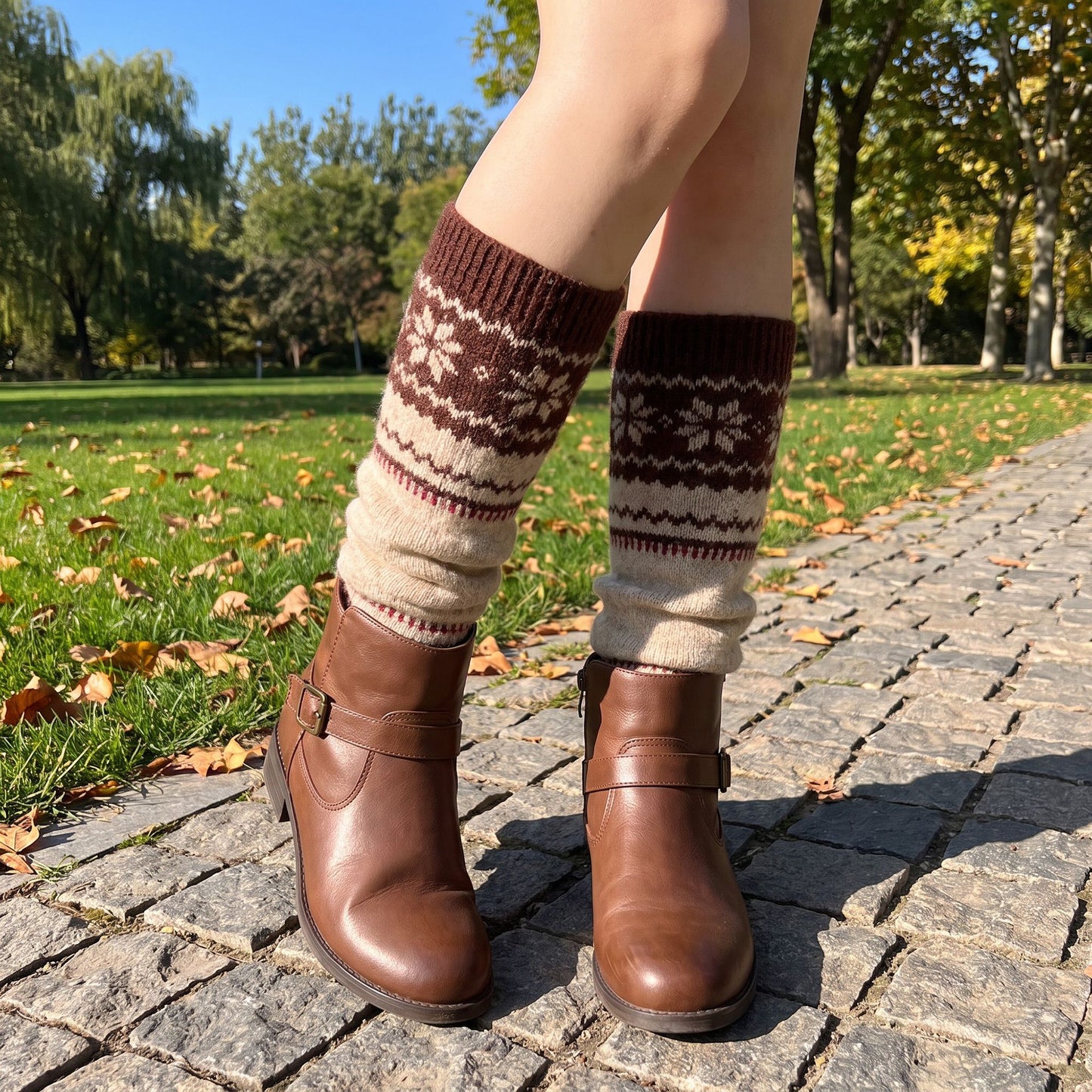 2-Pair Fair Isle Snowflake Knit Leg Warmers Set, Cozy Winter Boot Cuffs