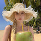 Crochet Sun Hat with Sheer Ruffle Wide Brim and Pearl Trim Detail