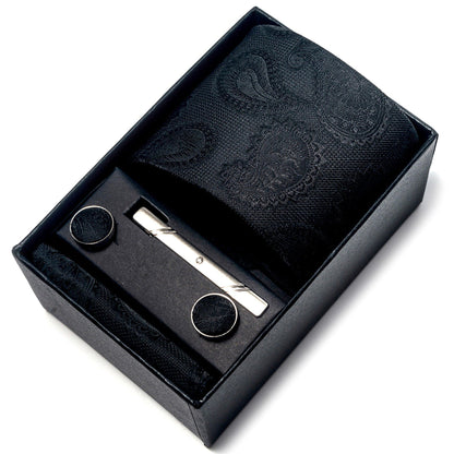 Men's Floral Print Tie Gift Set with Matching Pocket Square Cufflinks and Silver Tie Clip