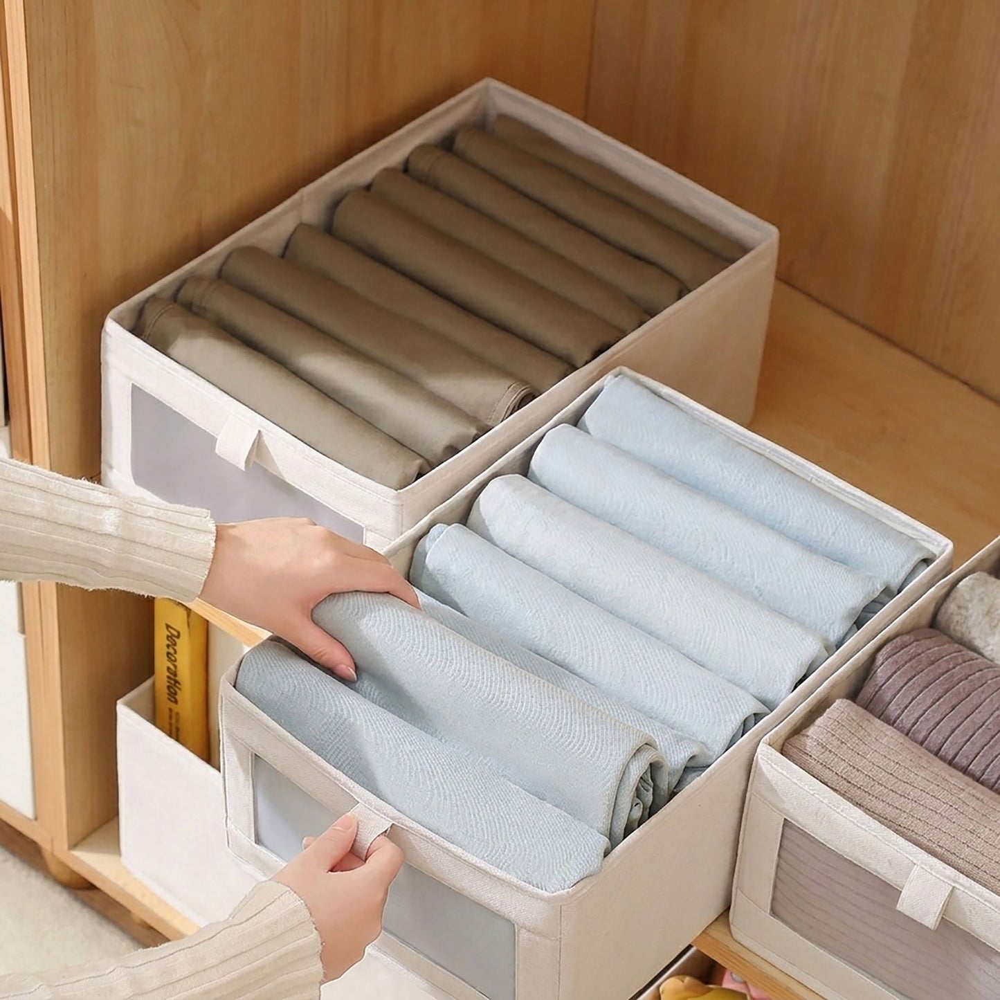 Foldable Fabric Storage Bin with Clear Window and Open Top