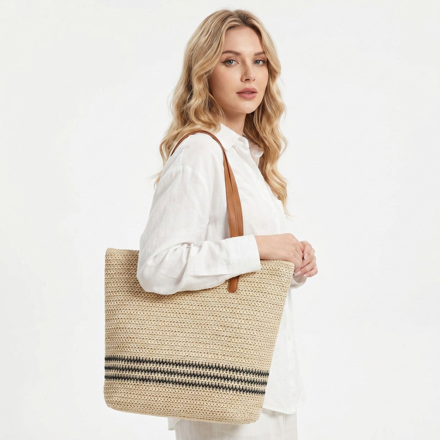Striped Woven Tote Bag with Zip Closure Shoulder Handles and Interior Pocket
