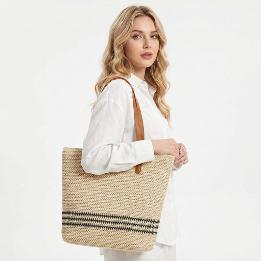 Striped Woven Tote Bag with Zip Closure Shoulder Handles and Interior Pocket