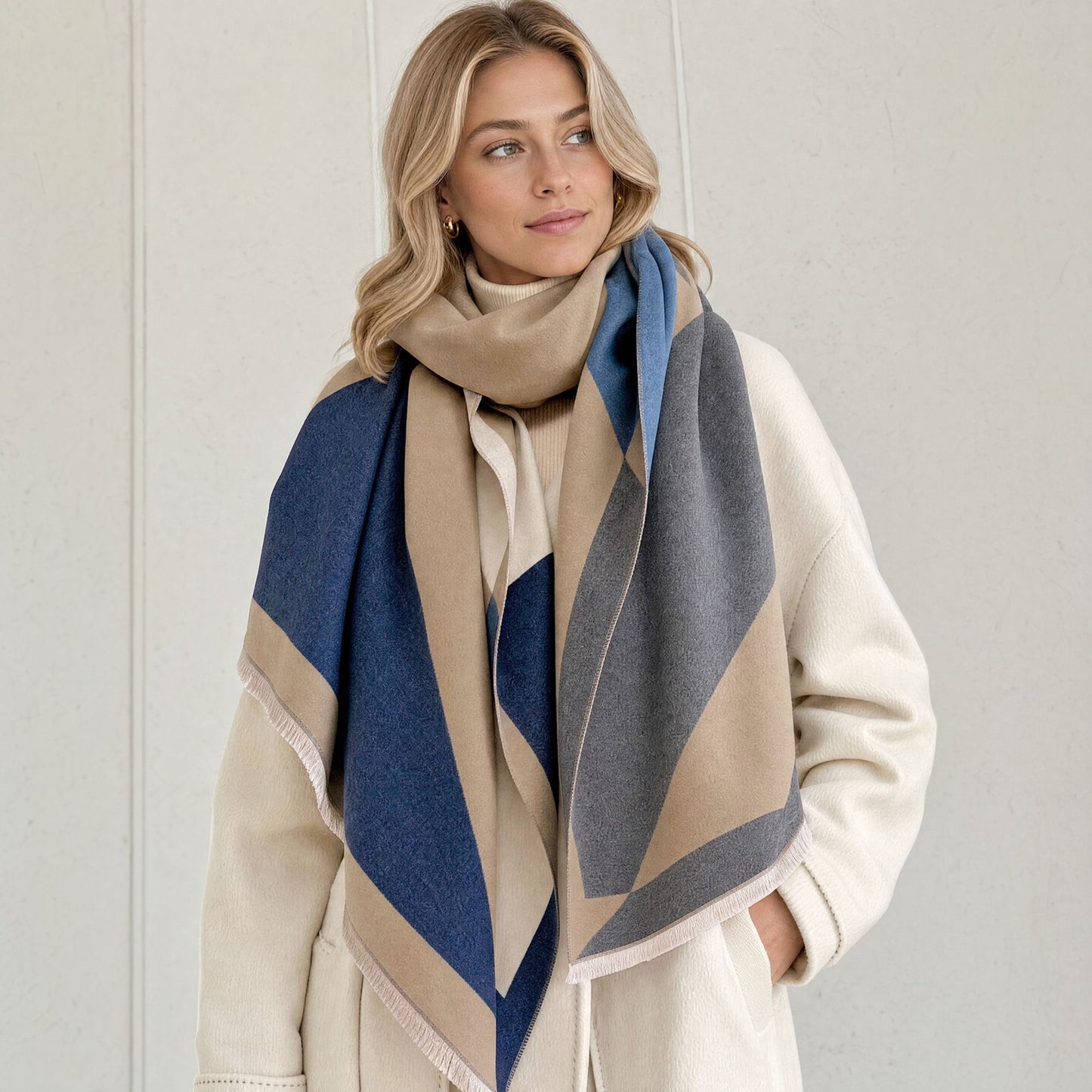 Geometric Color Block Oversized Scarf Soft Wrap Shawl with Fringe Edge 70.8*25.6 Inches