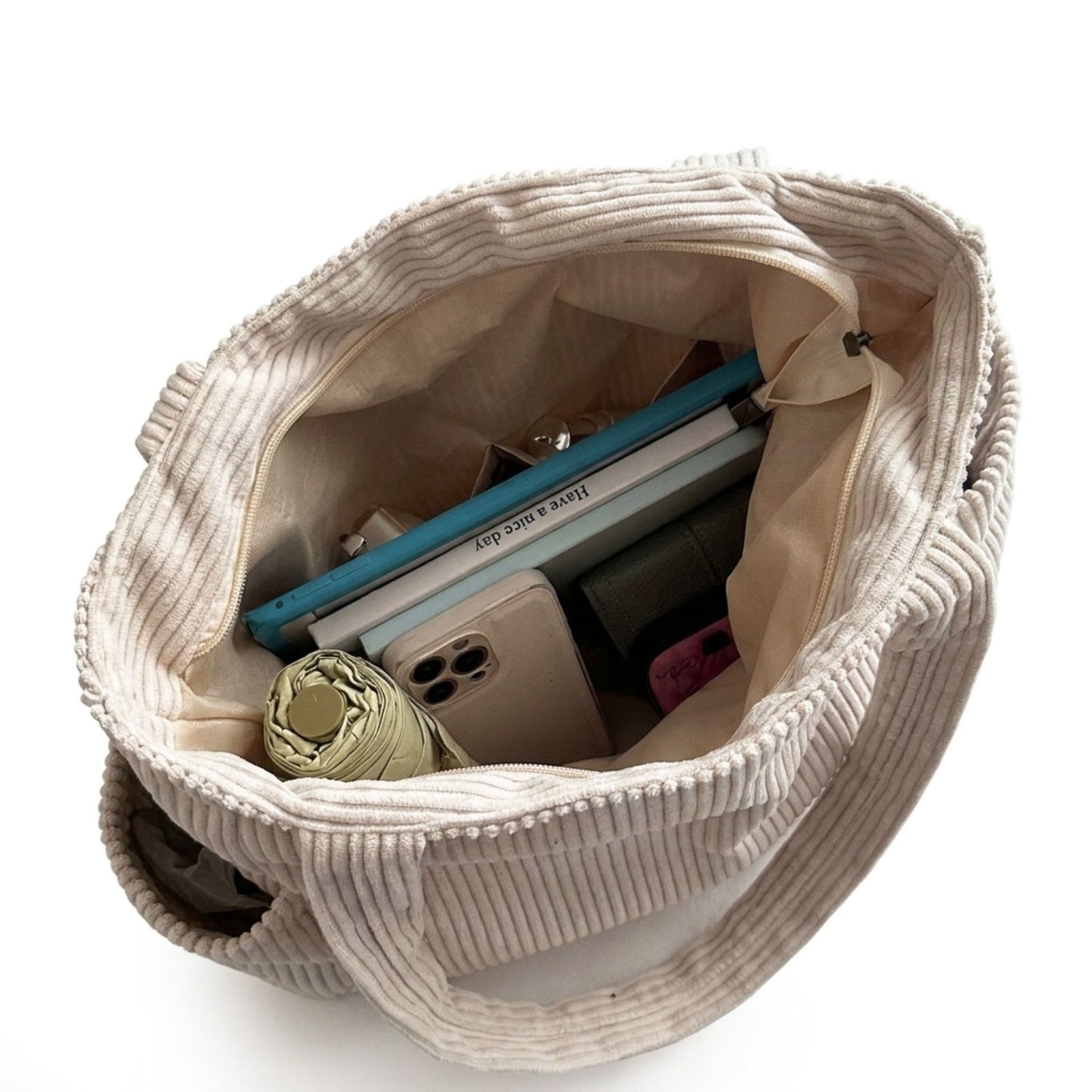 Corduroy Tote Bag Large Capacity Shoulder Bag with Side Pockets and Zipper Closure