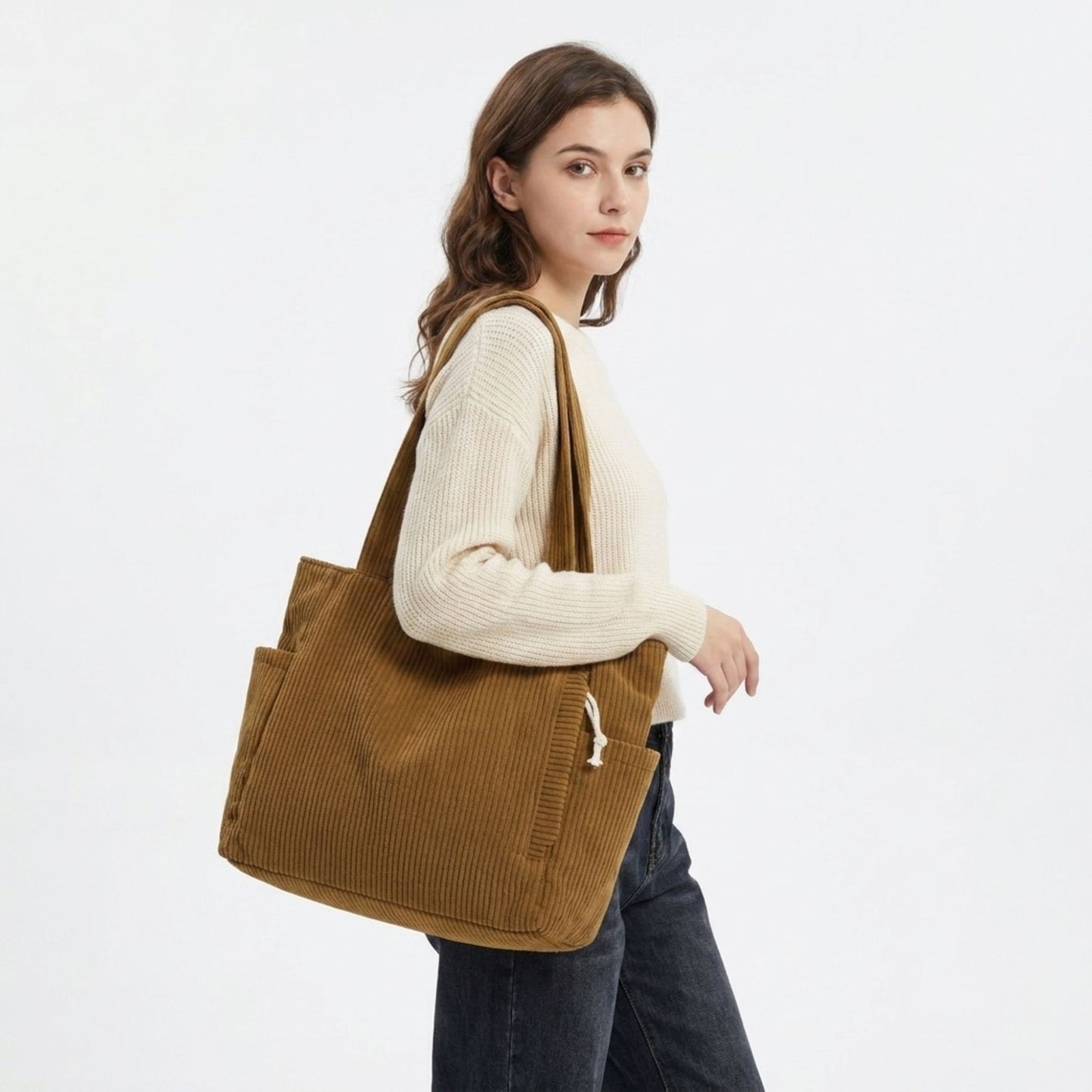 Corduroy Tote Bag Large Capacity Shoulder Bag with Side Pockets and Zipper Closure