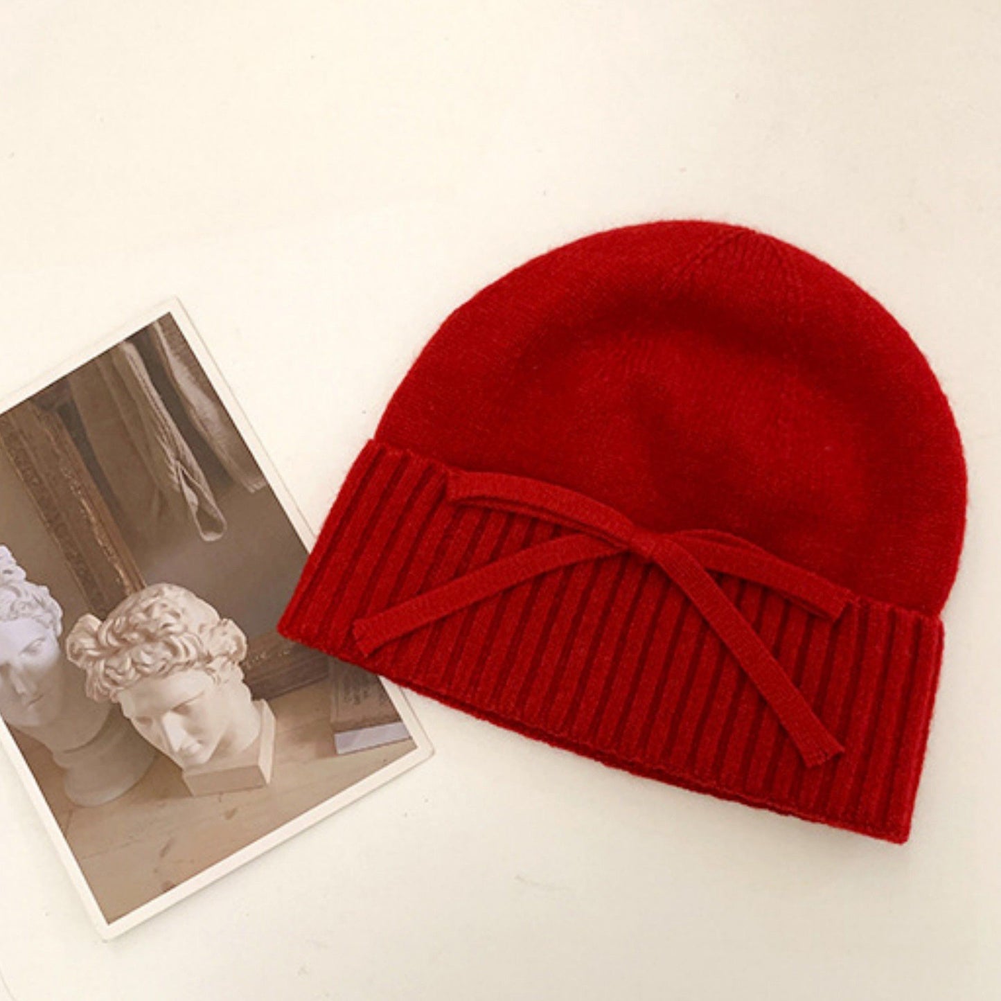 Soft Knit Cuffed Beanie Hat with Ribbed Foldover Hem and Delicate Bow Detail
