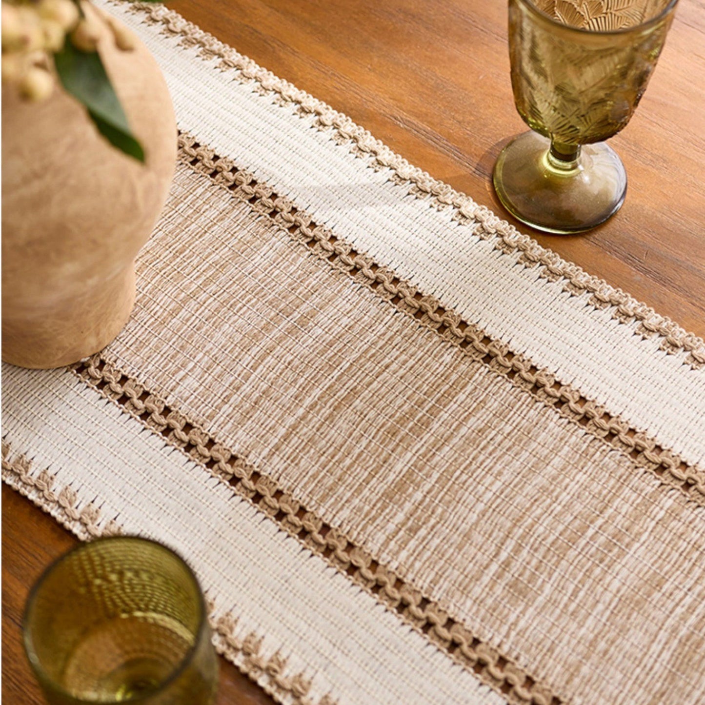Textured Woven Table Runner with Fringe Trim and Neutral Stripe Pattern 47x11.8 in