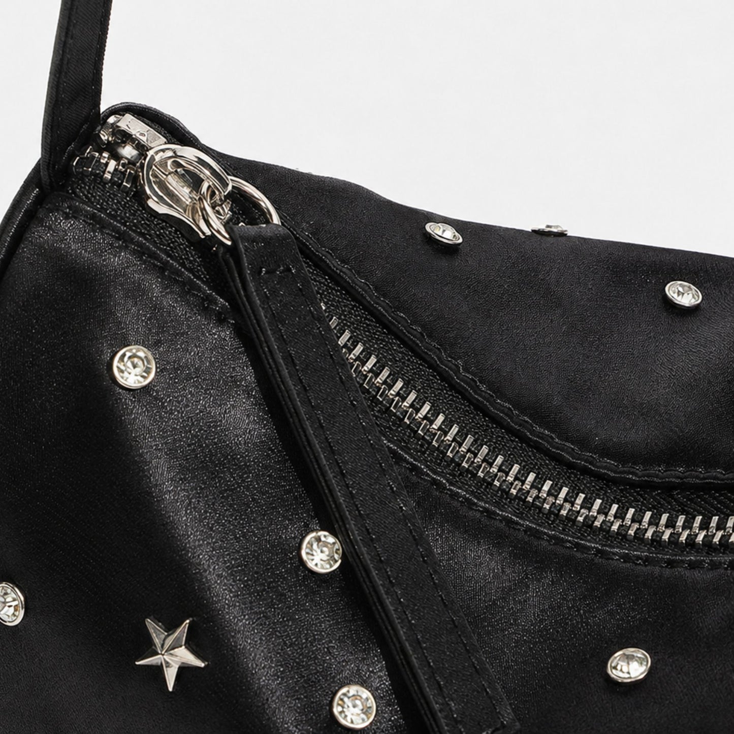 Studded Satin Shoulder Bag with Zip Closure and Interior Pocket