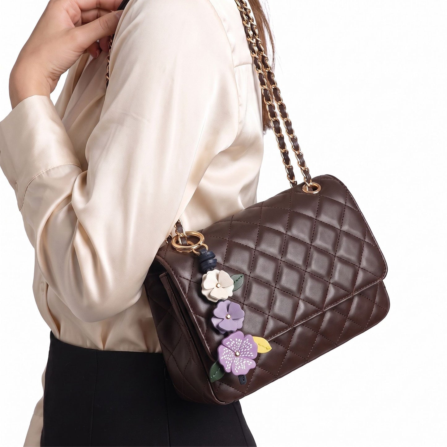 Floral Bag Charm with Three Dimensional Flowers and Key Ring