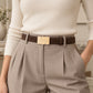 Suede Leather Belt with Geometric Gold Tone Buckle 39.4in