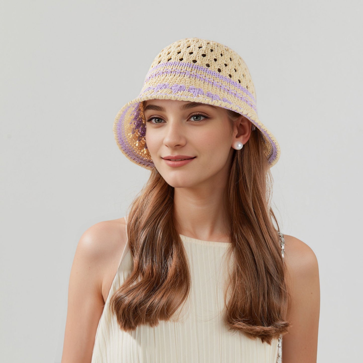 Crochet Knit Bucket Hat with Openwork Floral Pattern and Rolled Brim for Lightweight Summer Style