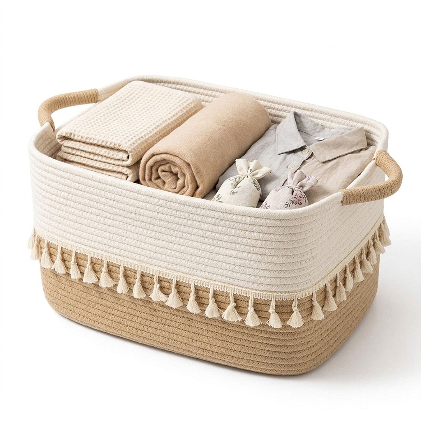 Rope Storage Basket with Tassel Trim and Handles