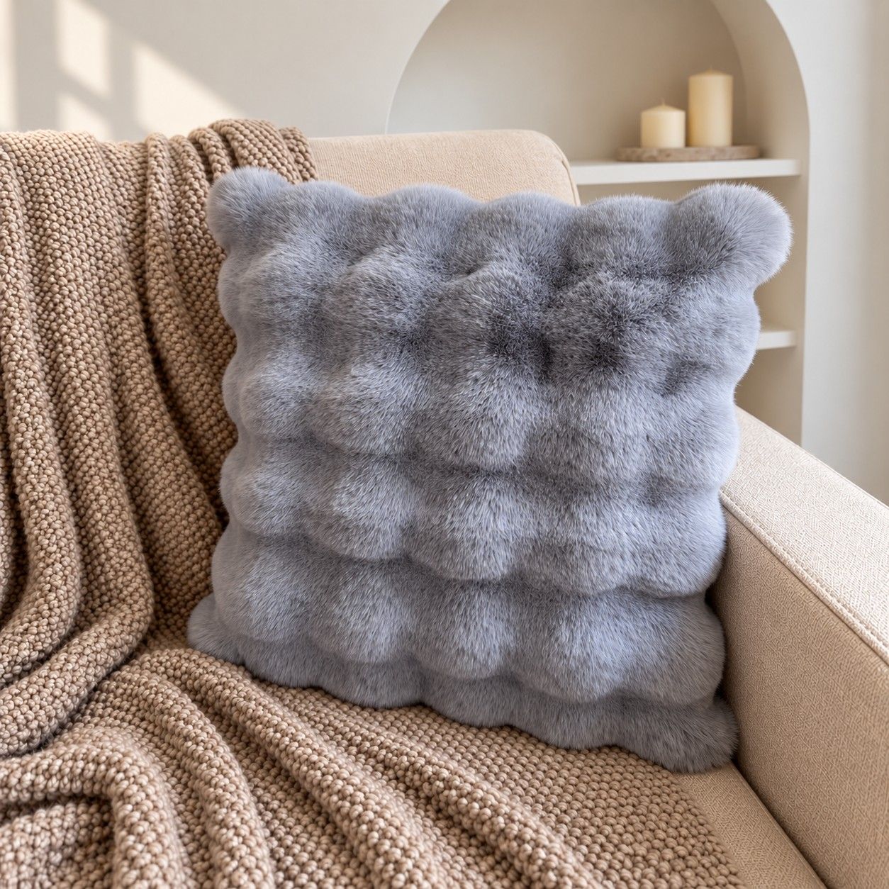 Double Sided Plush Faux Fur Throw Pillow Cover 18 x 18 Inch Bubble Texture