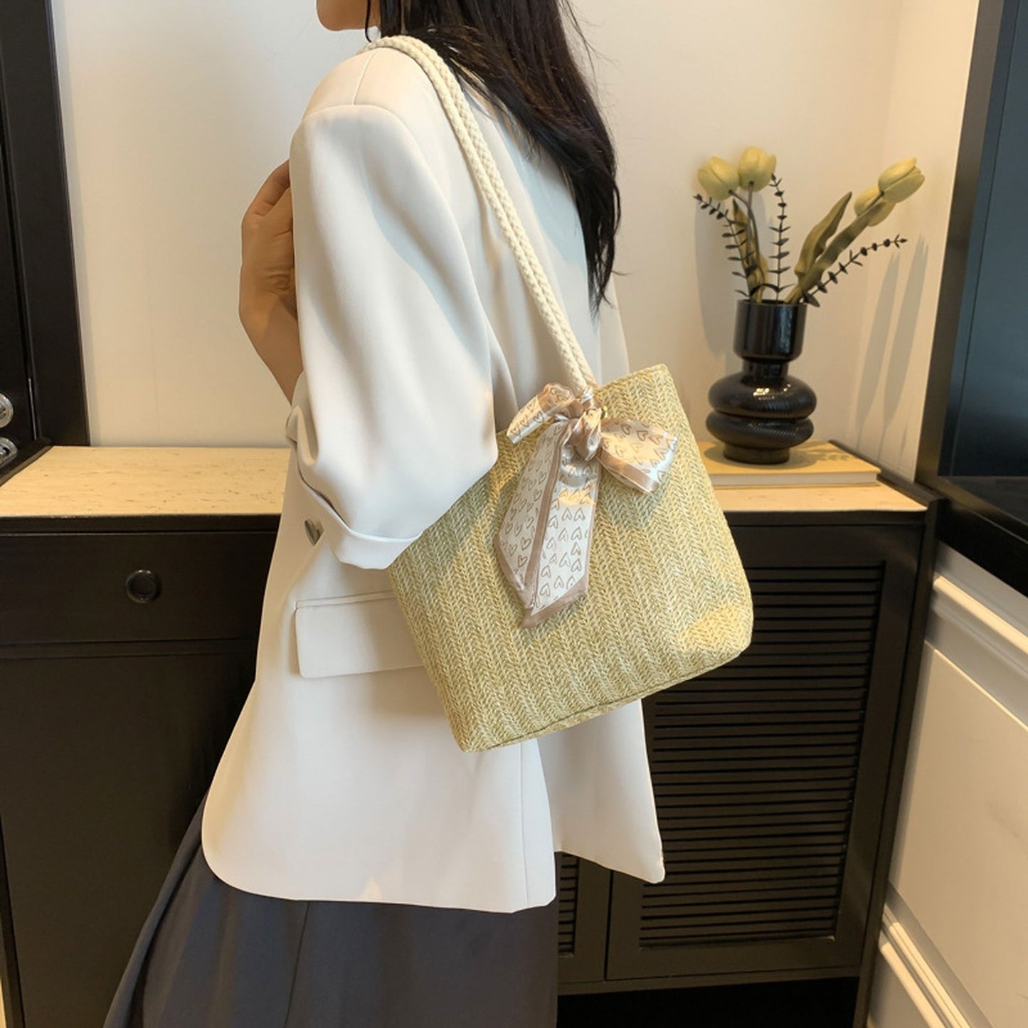 Straw Woven Tote Bag with Bow Accent - Lightweight Summer Shoulder Bag
