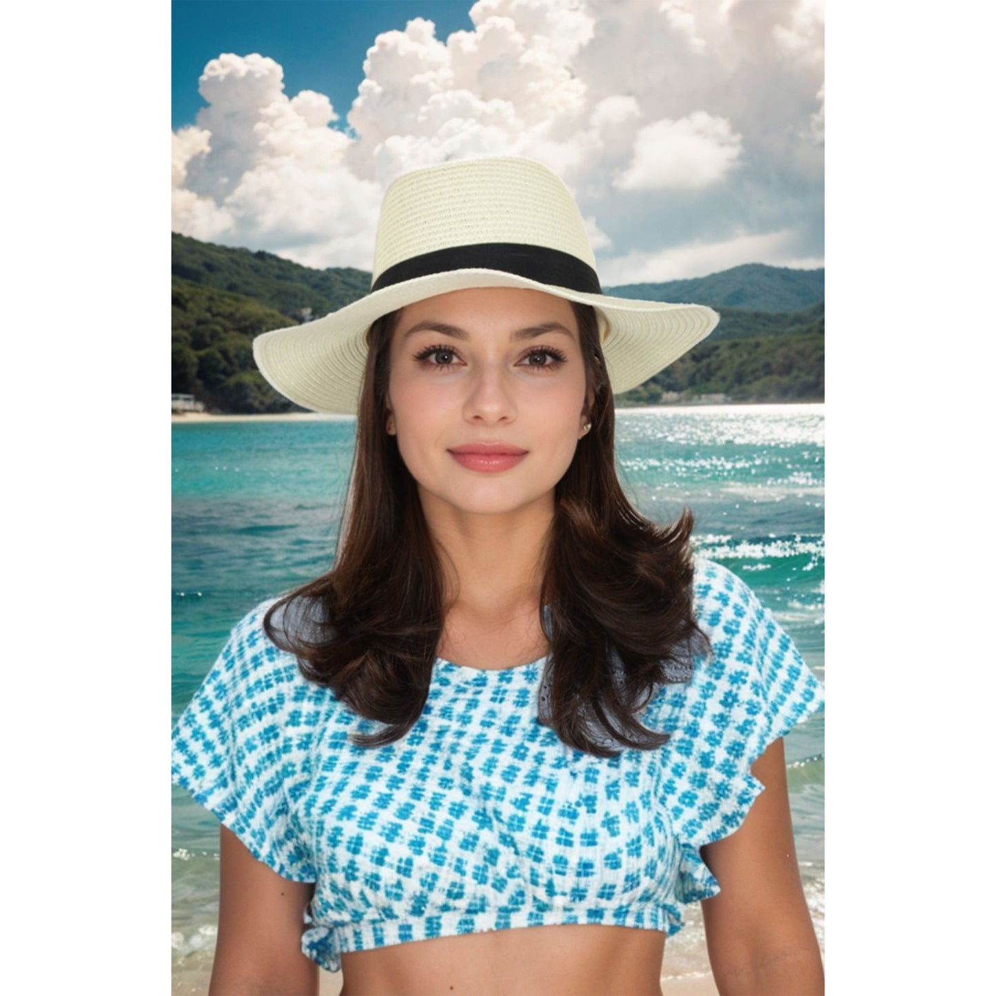 Wide Brim Straw Fedora Sun Hat with Black Band Lightweight Packable Summer Panama Hat for UV Protection