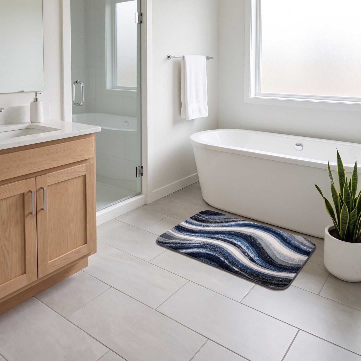 Abstract Navy Blue Wave Plush Bathroom Mat with Swirling Line Design