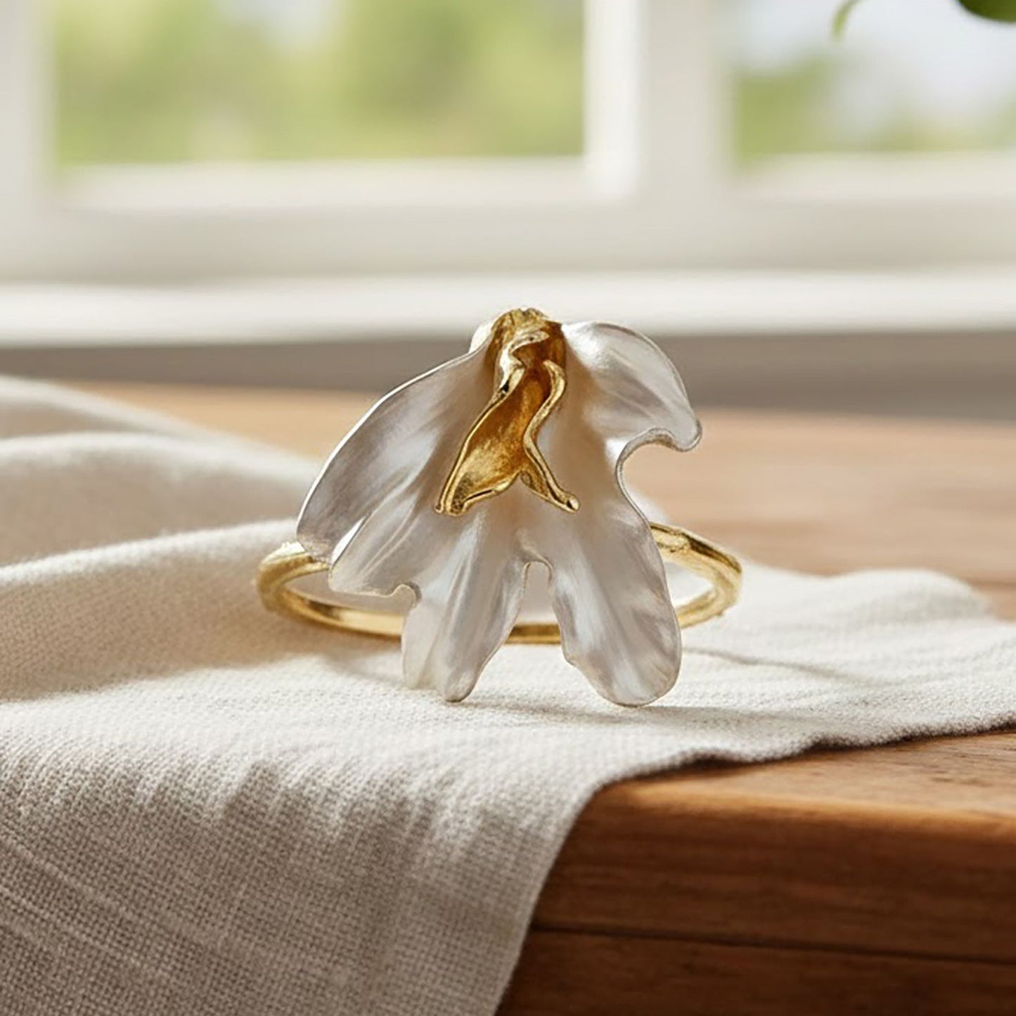 Women's Sculptural Flower Cuff Bracelet with Organic Petal Design and Gold Tone Open Band