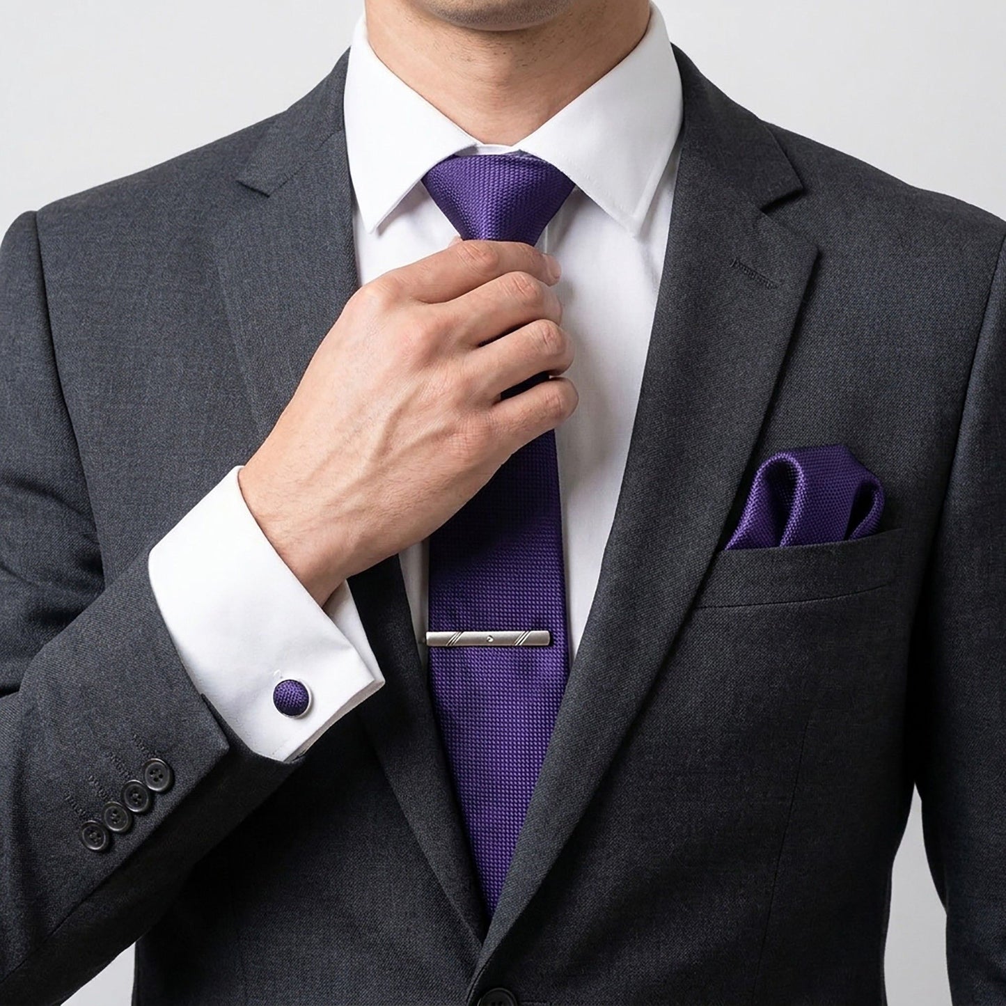 Men's Textured Solid Color Tie Gift Set with Matching Pocket Square Cufflinks and Silver Tie Clip
