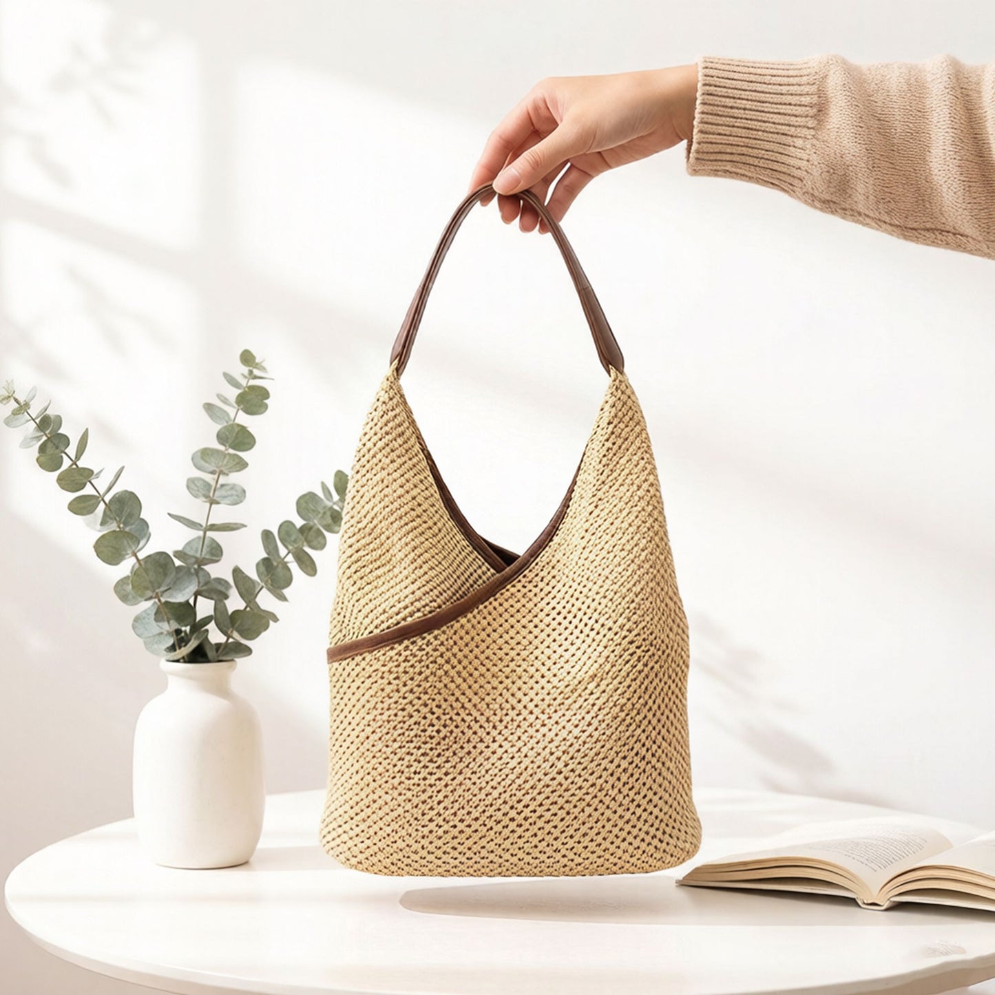 Woven Shoulder Hobo Bag with Faux Leather Trim Soft Knit Slouchy Handbag Casual Everyday Tote