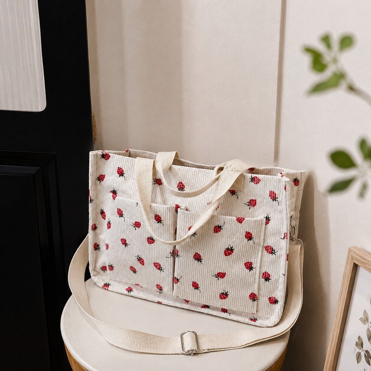 Canvas Strawberry Print Tote Bag with Shoulder Strap and Side Pockets