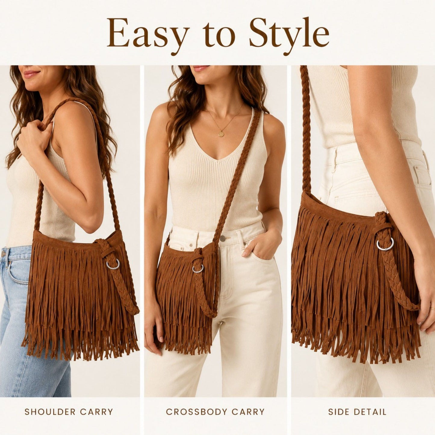Fringe Crossbody Bag Black Suede Look Boho Shoulder Purse with Braided Strap