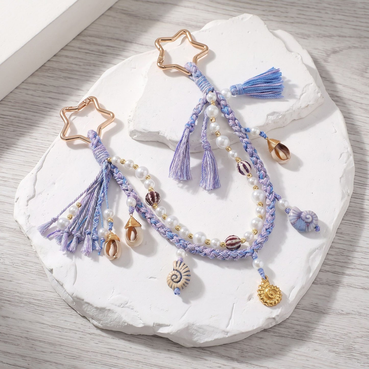 Purple Coastal Bag Charm with Star Clips Pearl Look Beads Braided Cord and Tassels