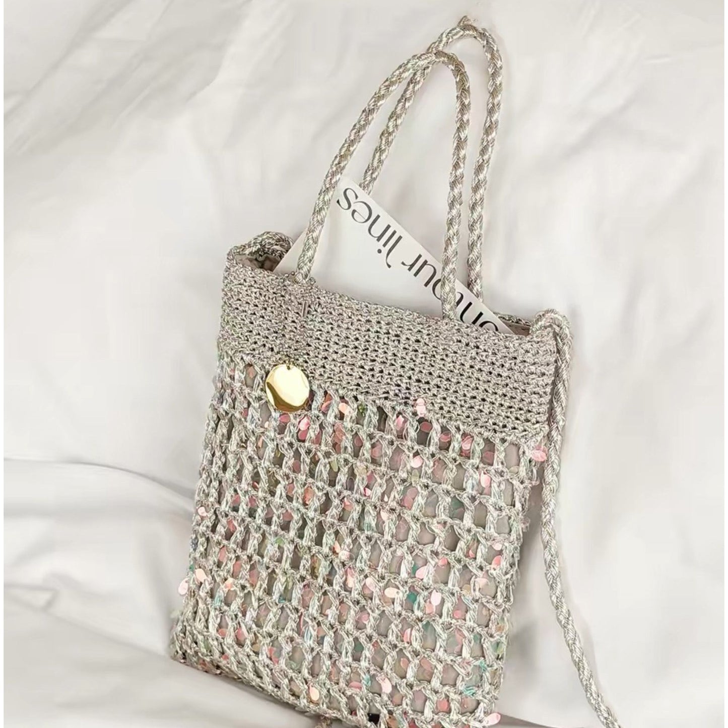 Hand-Crocheted Sequin Crossbody Bag Small Square Shoulder Bag for Phone and Essentials