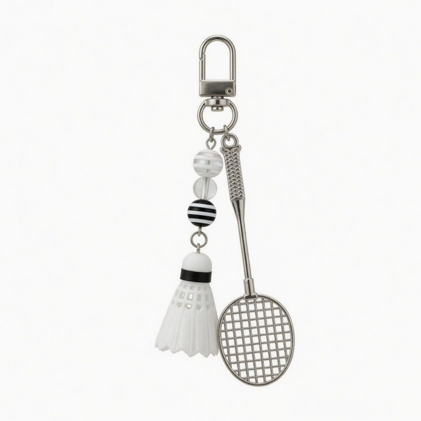 Badminton Racket Keychain with Shuttlecock Charm Beaded Detail Metal Key Ring