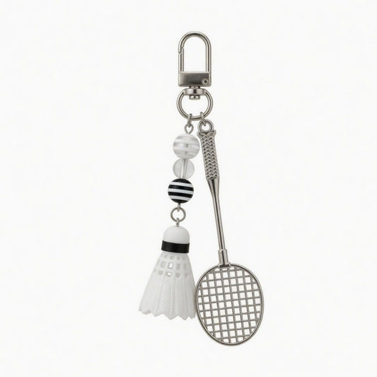 Badminton Racket Keychain with Shuttlecock Charm Beaded Detail Metal Key Ring