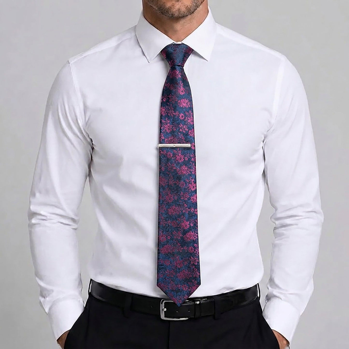 Men's Rose Floral Tie Gift Set with Matching Pocket Square Cufflinks and Silver Tie Clip