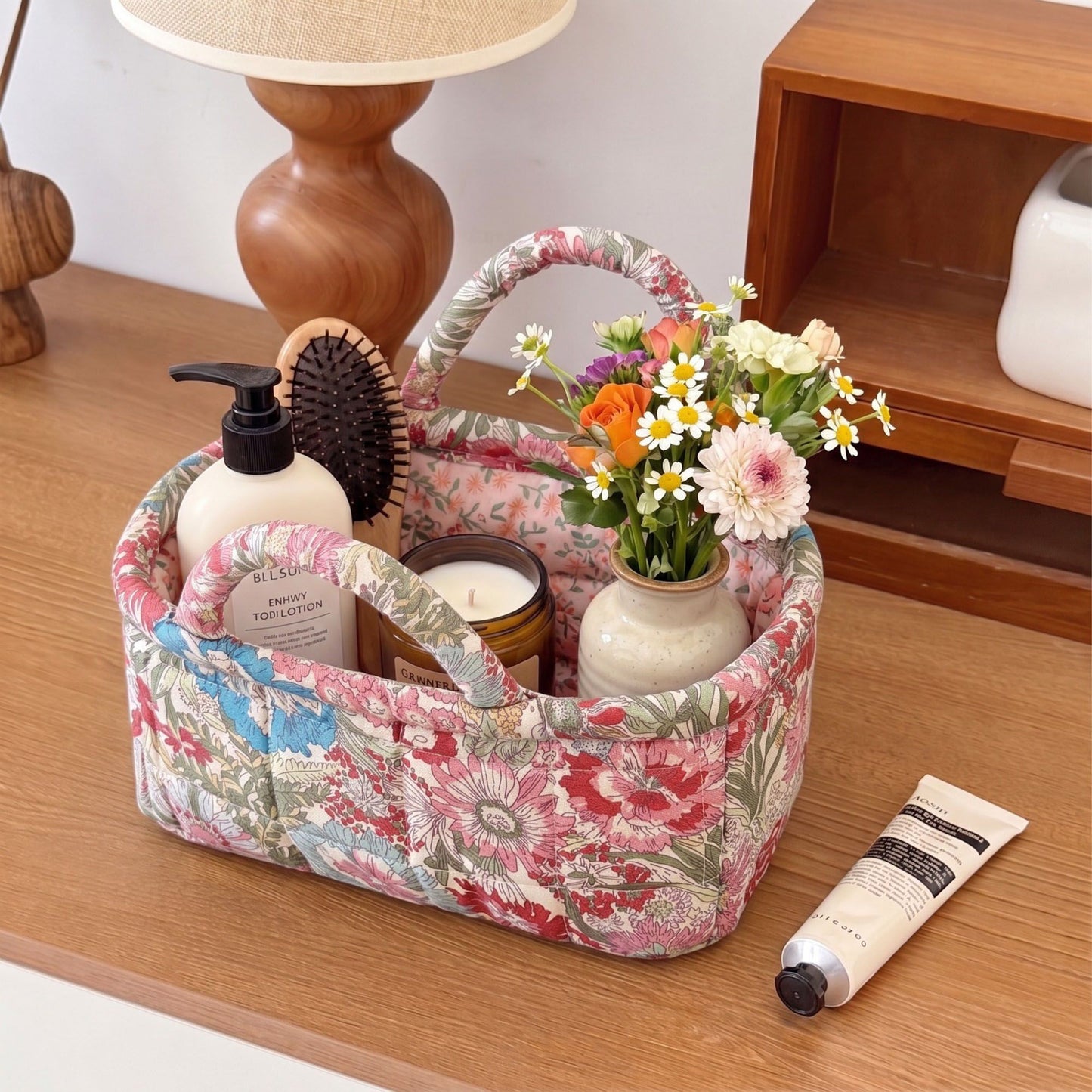Floral Print Quilted Organizer Tote Bag with Multiple Pockets and Carry Handles