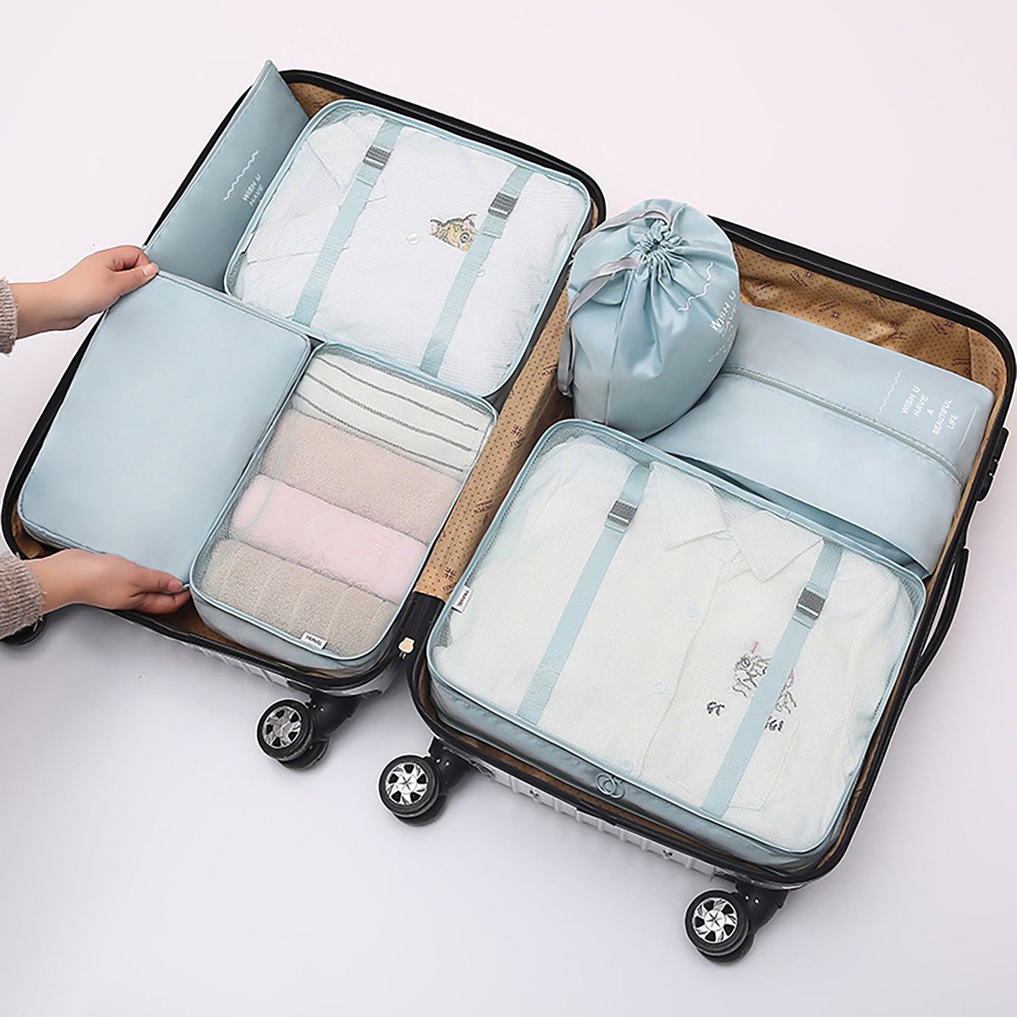 Travel Packing Organizer Set with Mesh Cubes Drawstring Bag Zipper Pouch Lightweight Storage Set