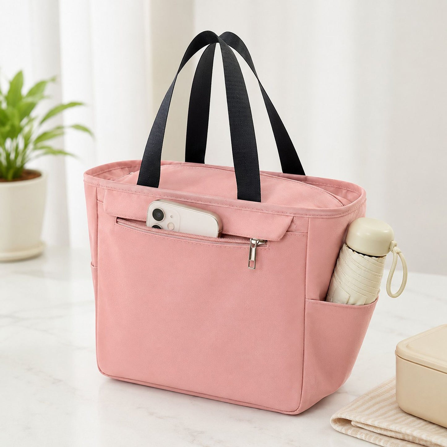 Insulated Tote Lunch Bag with Zipper Pockets and Long Handles