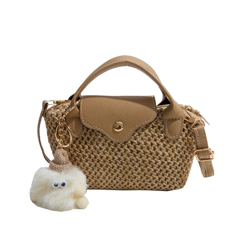 Women's Mini Woven Crossbody Bag with Top Handle Adjustable Strap and Charm